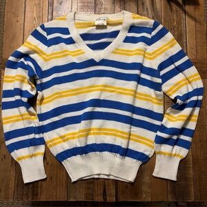 Vintage Aileen Striped V-Neck Sweater - Blue, Yellow, White
